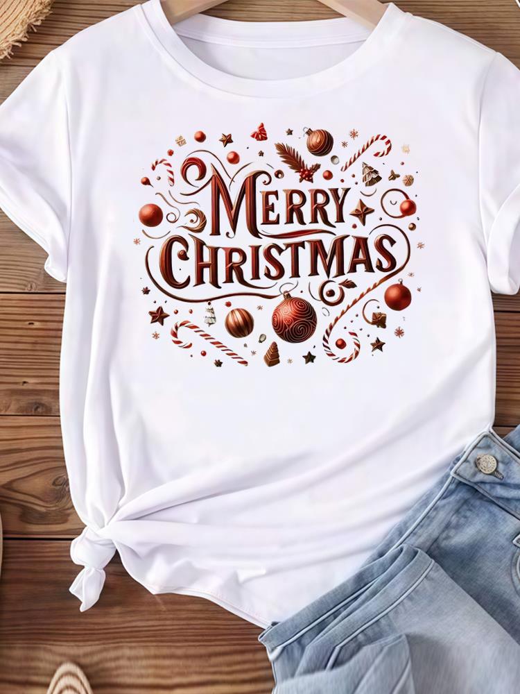 (Asian Size) tree gift happy new year Women's Top T Tee merry Christmas festival O-neck Clothing  Print Fashion ladies Graphic T-shirts