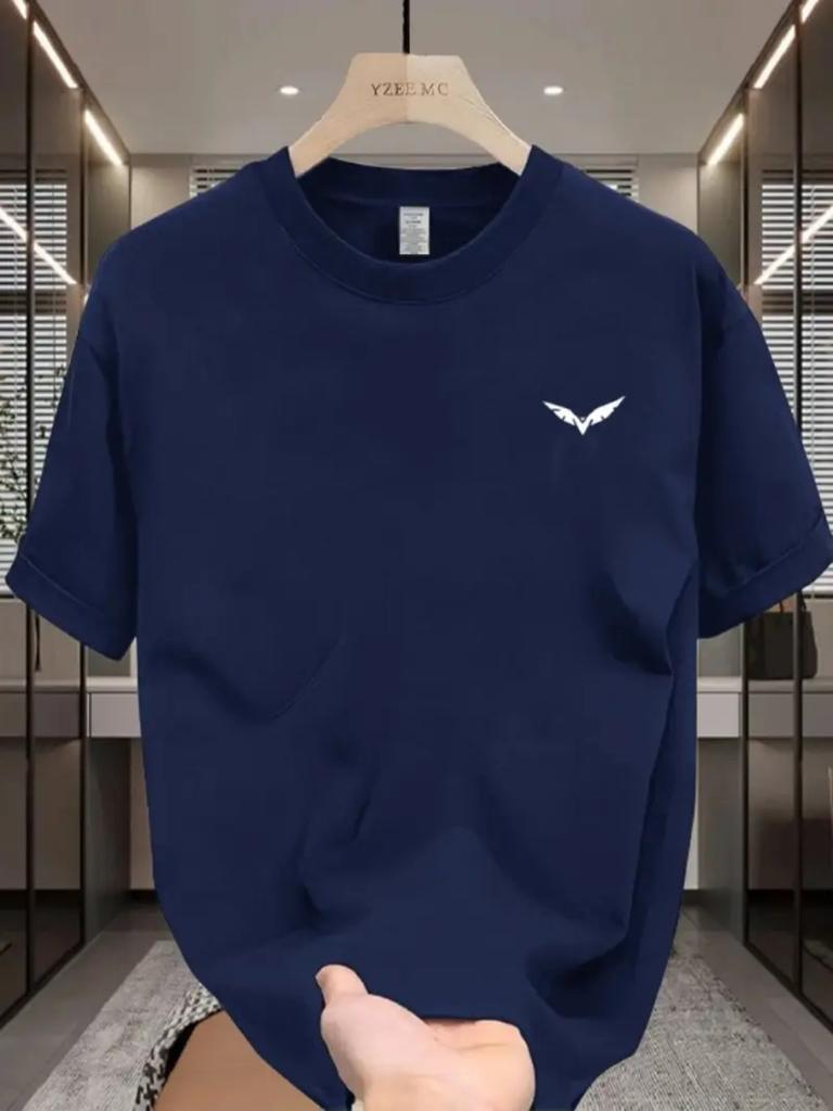 Men's Summer Short-sleeve Crew Neck Casual T-shirt with a Simple Wing Pattern Print, Suitable for Workouts, Featuring a Humorous Design