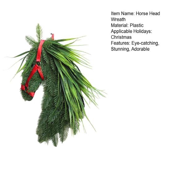 Horse Head Wreath Rustic Farmhouse Equestrian Front Door Decor Handmade Artificial Pine Branches Wreath with Red Ribbon for Wall Window Porch Decor
