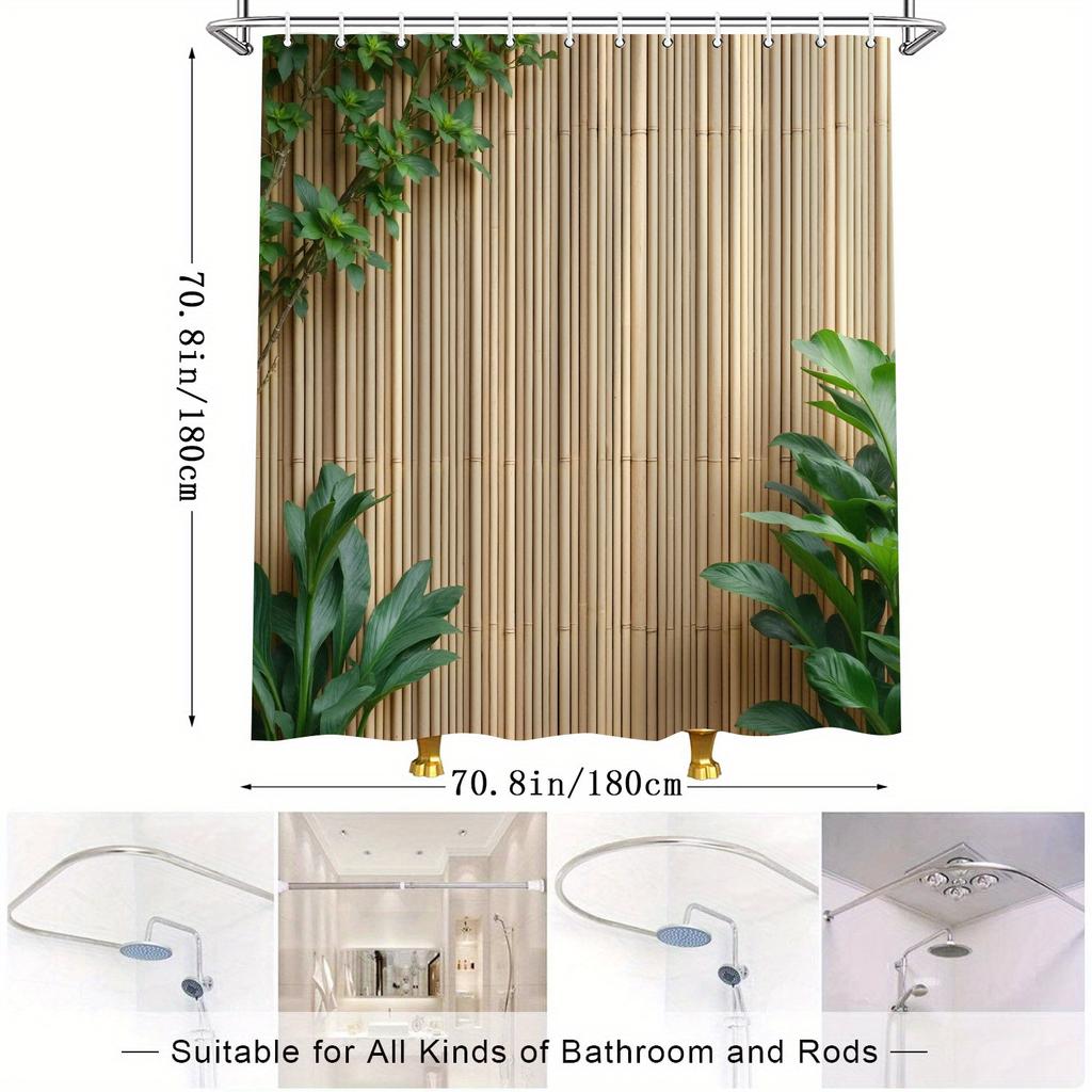 Cortină de duș pentru grădină tropicală - Gard de bambus, Foliș verde luxuriant, Poliester, Decor senin pentru baie, Ambiantă naturală