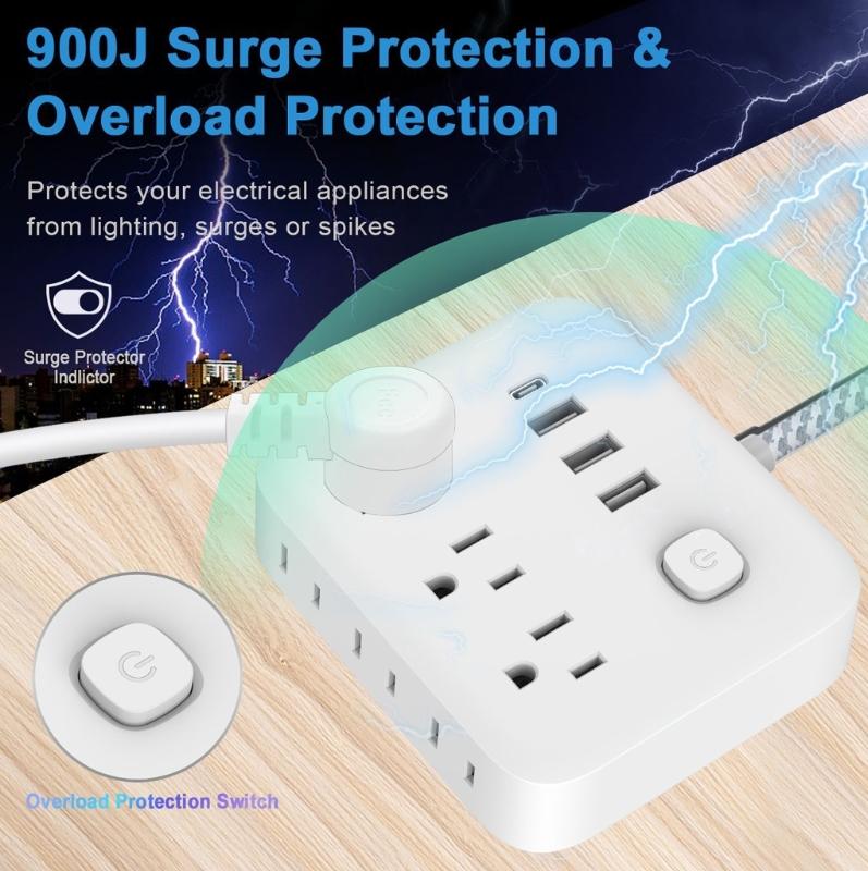 Travel Power Station with 3 Outlets 4 USB Port Flexible Cable For Home Office Safety Efficient Design