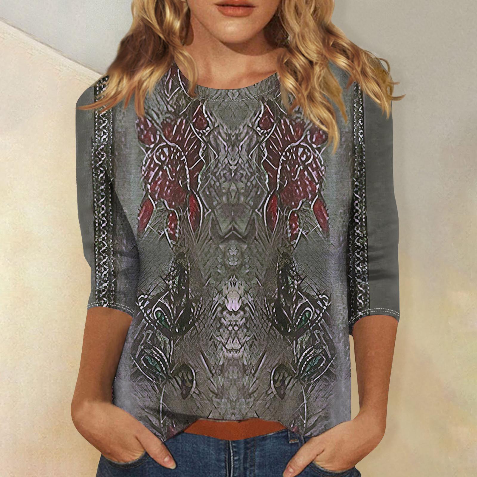 

Рубашки с рукавом 3/4 для женщин, милые топы, футболки с рисунком, блузки, повседневные базовые топы больших размеров, пуловеры L серый