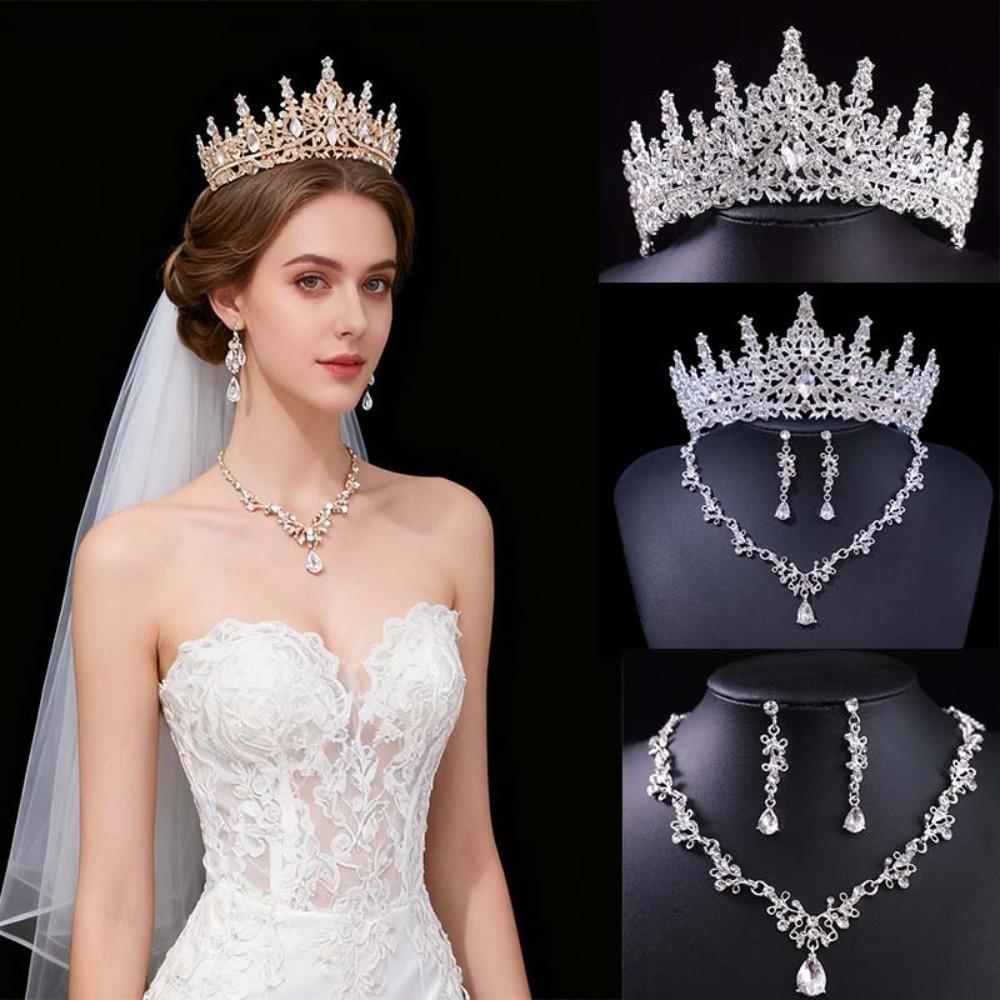 3 Pcs Shiny Bride Jewelry Sets Hair Ornaments Necklace Earrings and Crown Sets  Dress Accessories