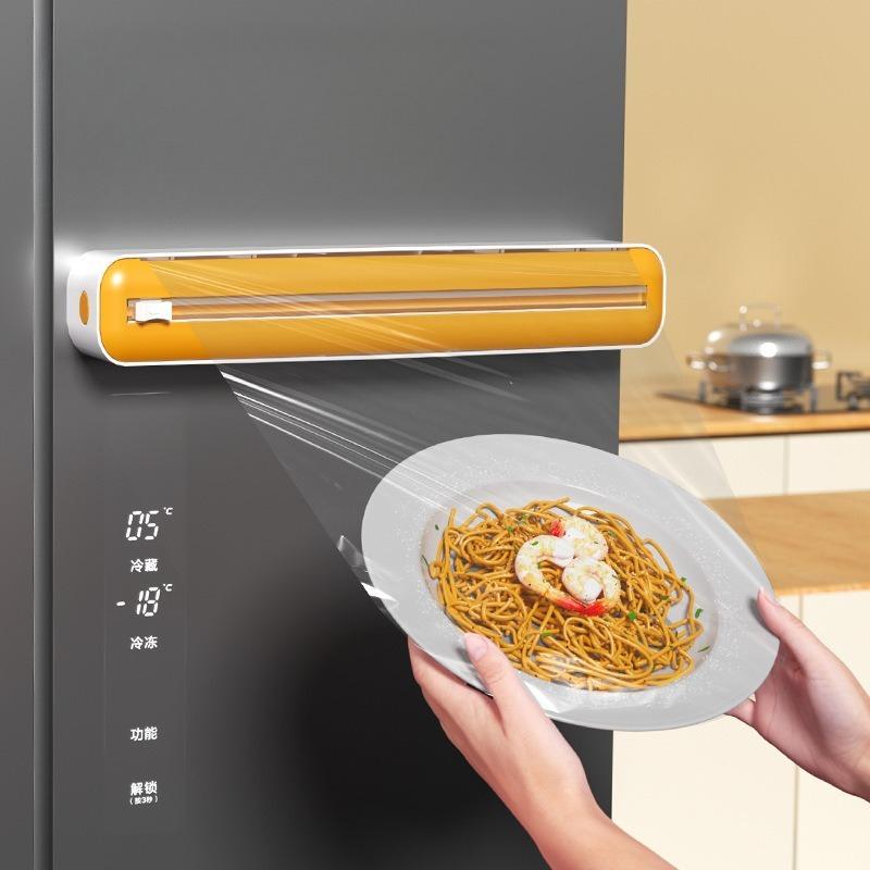 Dual-Blade Magnetic Kitchen Cutter for Plastic Wrap, Parchment Paper & Aluminum Foil - Adjustable Dispenser with Storage Box