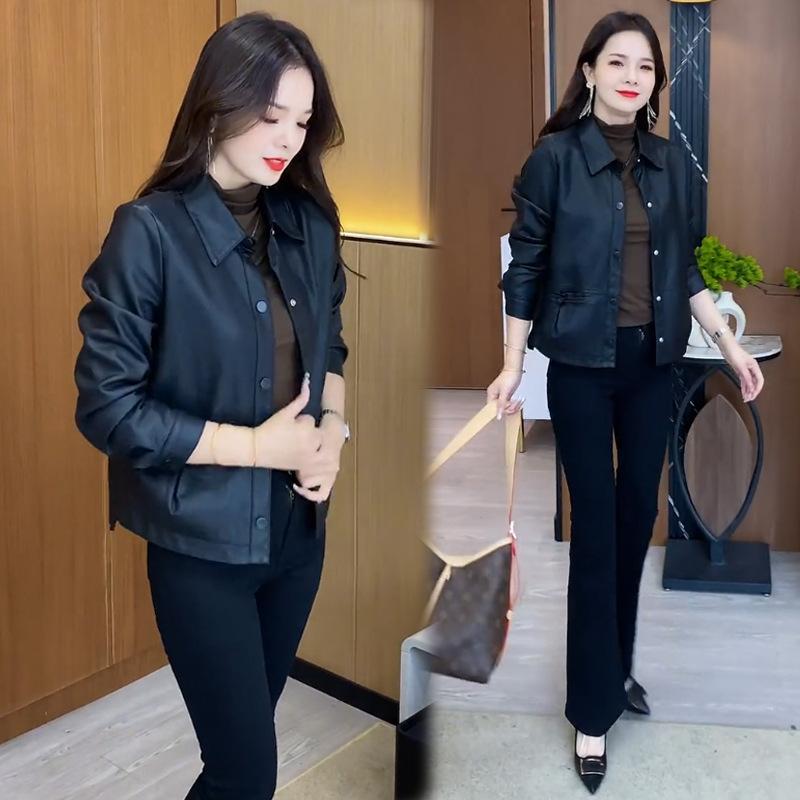 Kurzjacke aus Leder für Damen Herbst neu trendig modisch locker schlank vielseitig PU-Leder vielseitige Lederjacke trendig