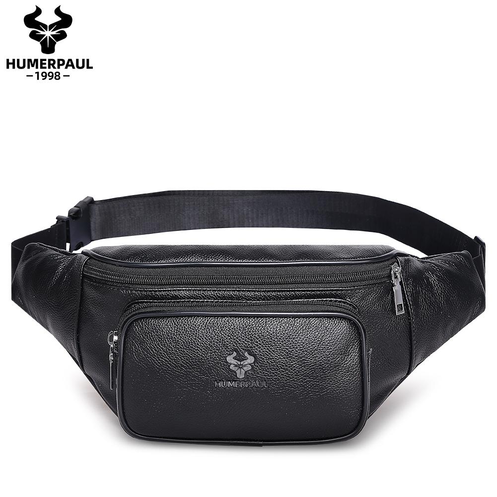HUMERPAUL Men leather waist bag multifunctional cowhide leisure sports mobile phone waist bag multi-compartment chest bag large-capacity shoulder bag