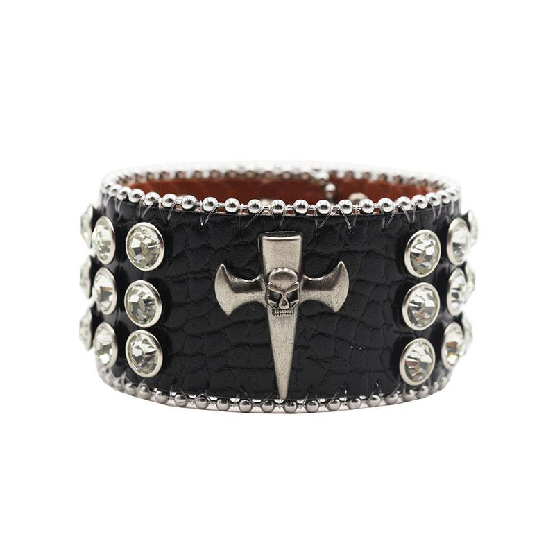 Gothic Stil Totenkopf Strass Armband Schmuck, Modisches Design Diamant PU Leder Handschmuck