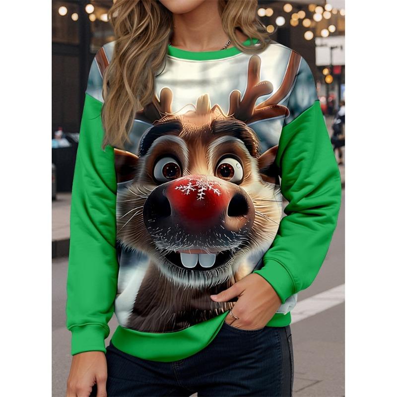 

Женская толстовка с капюшоном из полиэстера с рисунком оленей на рождественской улице, повседневная, с круглым вырезом, длинным рукавом, микроэластичная, осень-зима XL