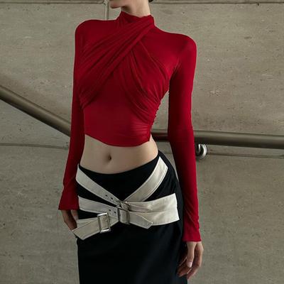 Red Fashion Mesh Turtleneck Tops Women Y2k Long Sleeve Draped Sexy Crop T-Shirt Female Vintage Cross Streetwear Club Pullovers