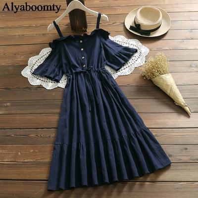 Summer Women Clothes Sexy Off Shoulder Navy Blue Midi Dress Elegant Cotton Ruffles Korea Party Dress