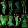 Fantasias Sexy Erotic Glowing Hollow Out Mesh Fishnet Bodysuit Bodystockings  Pole Dacne Clubwear Luminous Babydoll Dress