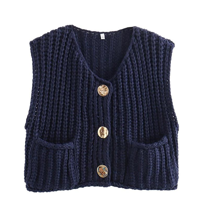 Winter New Women's Clothing Vest Simple Pocket Sleeveless Short Knitted Vest Cardigan Top
