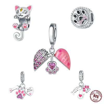 9 Sterling Silver Cute Cat And Dog Beaded Wind Diy Bracelet Necklace Jewelry Accessories