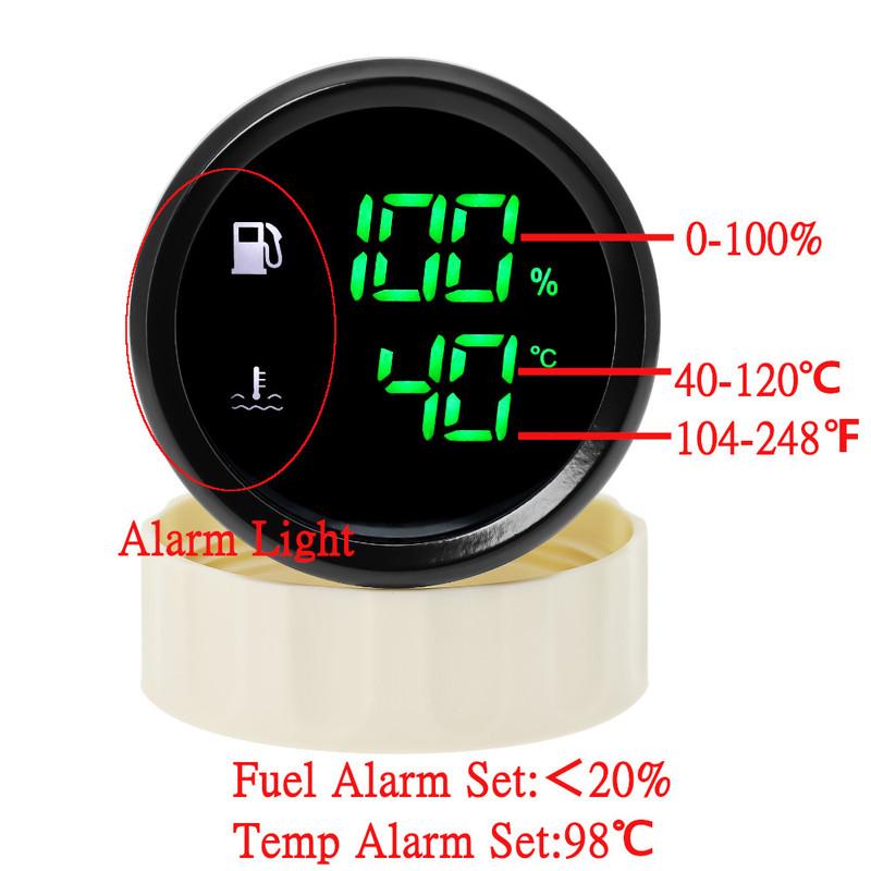 Custom Fuel Level Gauge + Water Temp with Warning Digital Dual 52mm 2 In 1 Gauge for Fuel Level Sensor 0-190ohm Marine Boat Car