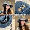 Japanese bear embroidered denim bucket hat women's season new big head circumference big brim sunshade washbasin hat