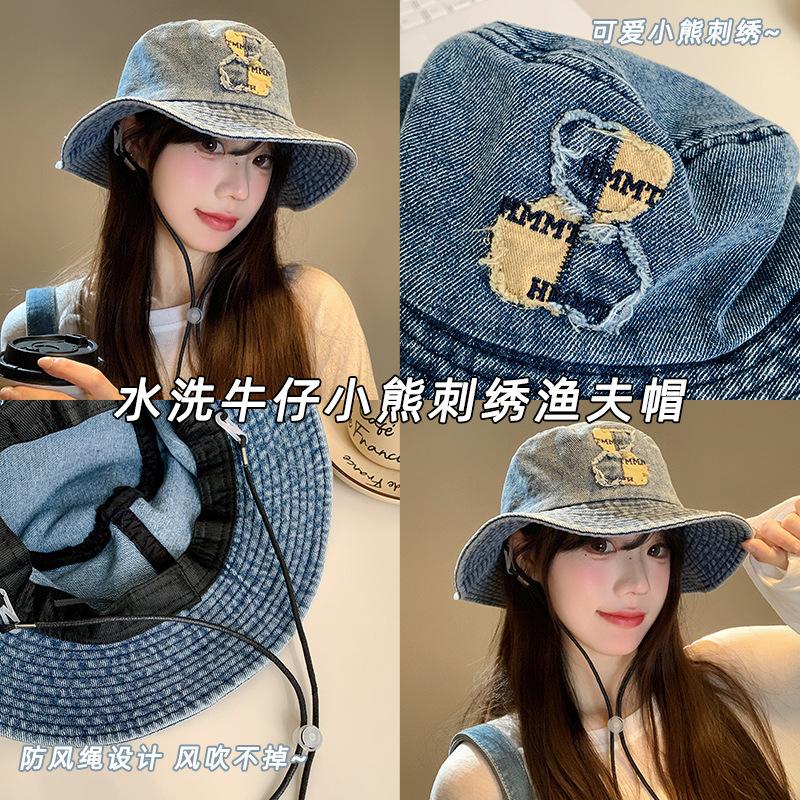 Japanese bear embroidered denim bucket hat women's season new big head circumference big brim sunshade washbasin hat