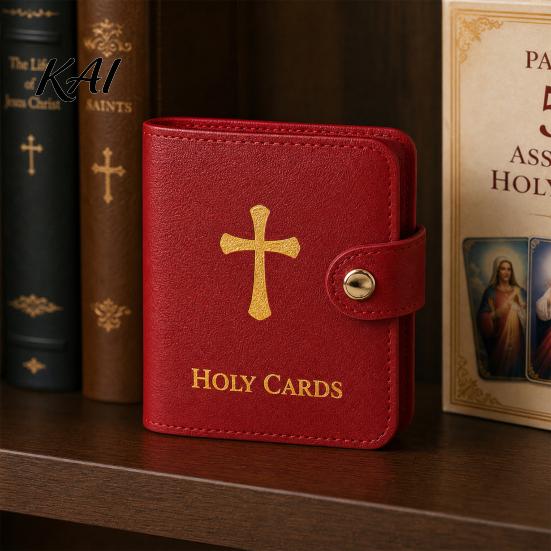 Compact Religious Card Organizer Holy Holder, Faux Leather Prayer Book with Snap Closure, Pocket Group Accessory 54 Cards for Memorial Cards, Holds Up