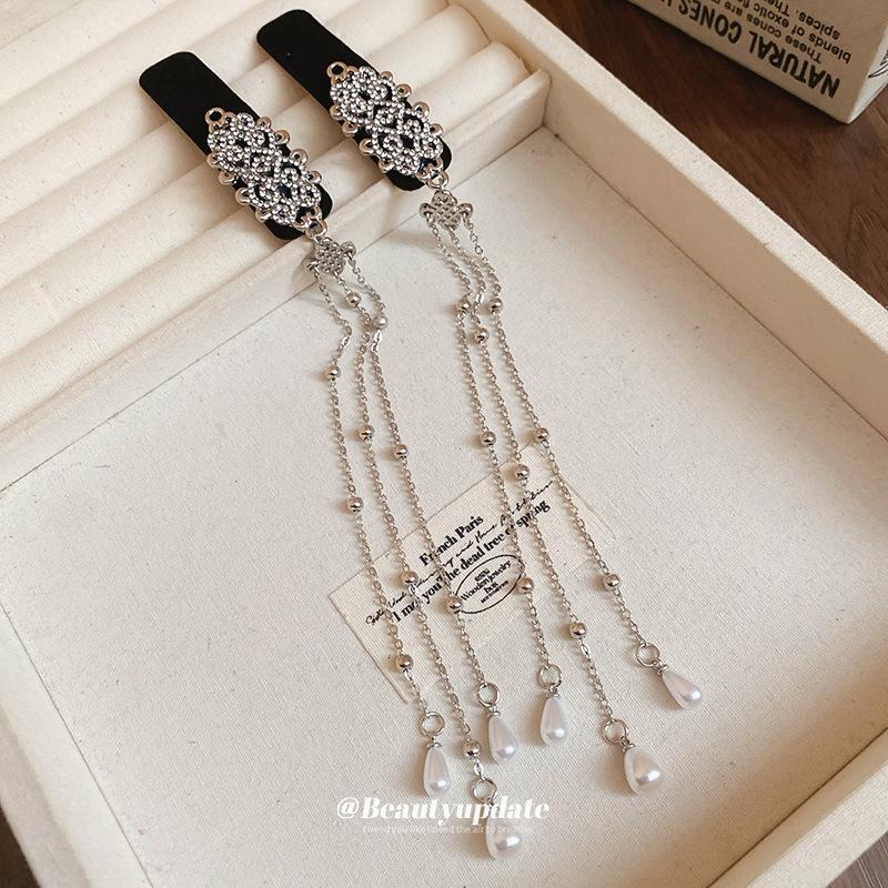 New Chinese style diamond-set flocked pearl fringed hairpin side bangs clip BB clip niche design hair accessories women