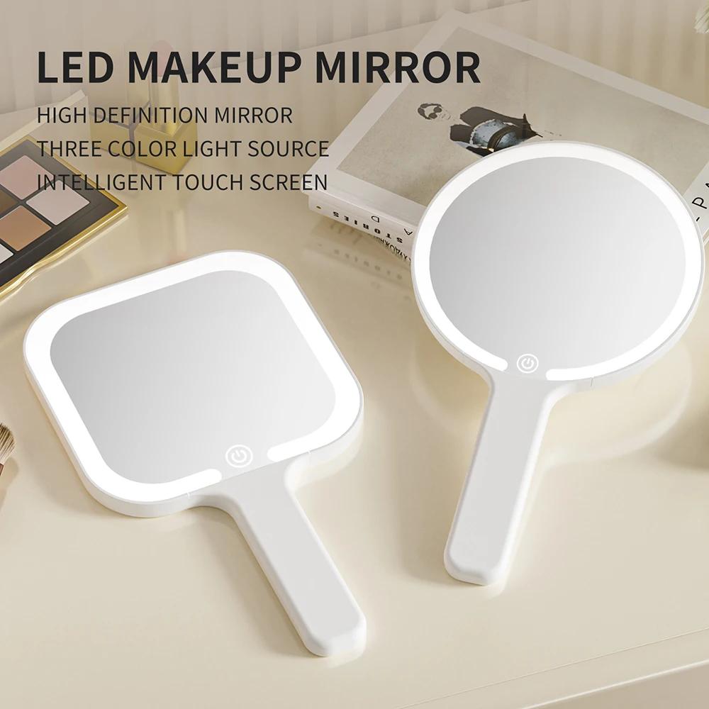 LED Slim Make-up Spiegel Handheld Draagbaar 3 Kleuren Helderheid Aanpassen met Touchscreen Cosmetische Tafelblad Vanty Spiegel Reizen Huisgebruik