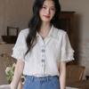 Ladies' Floral Embroidered Shirt Female Turn-Down Collar Butterfly Sleeve Blouse Summer New Korean Style Versatile Top