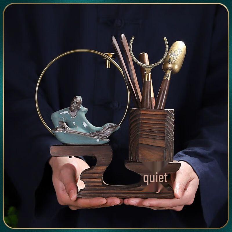 Ebony Tea Ceremony Six Gentlemen Set with Zen Monk Incense Burner