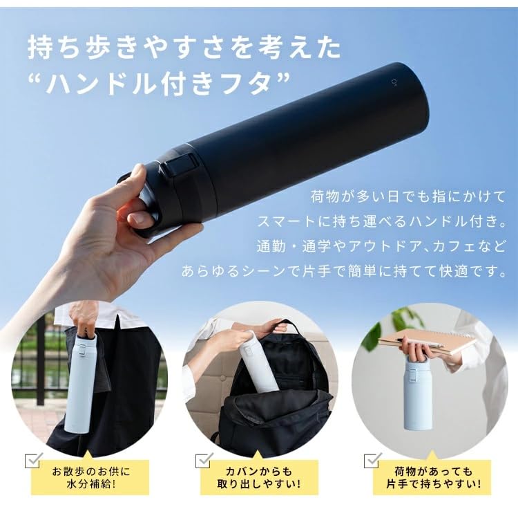 Dishwasher Safe Asvel Water Vacuum Insulated with Easy Powder with Removable Bottle, 350ml, Handle, One-Hand Operation, Blue, One-Push Lid, Lid,