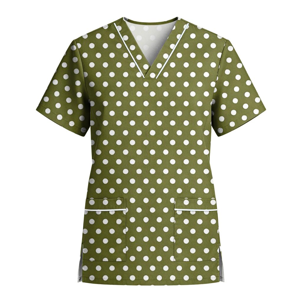 Women's Stretch Quick-Dry V-Neck Short Sleeve Workwear Top with Polka Dot Print & Pockets
