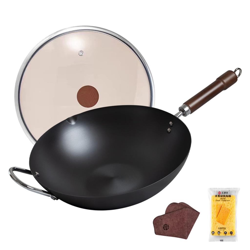 WANGYUANJI Chinese frying pan iron nitride can be used for meat deep Beijing with home use wok, unpainted, 32cm, rust-free pot, frying, stir-frying,