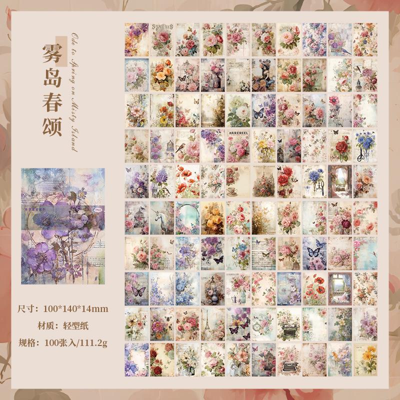 100 pcs Vintage Flowers pattern material paper DIY Decoration Scrapbook background paper for Junk Journal craft paper