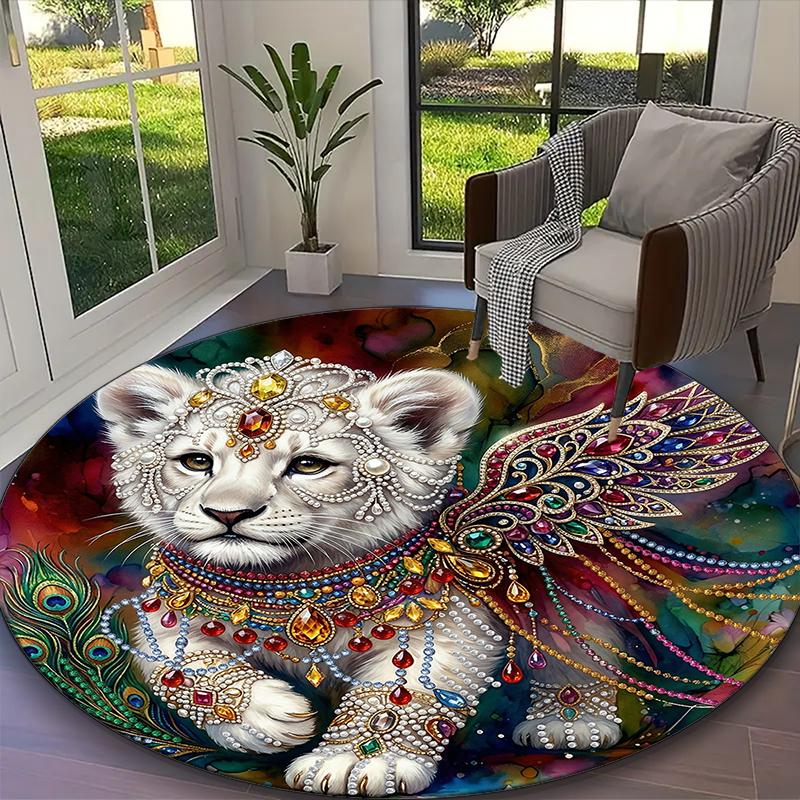 1pc General-purpose Rug, Cosmic Balanced Lion Printed Round Rug, Comfortable Office Chair Carpet, Home Entrance Floor Mat