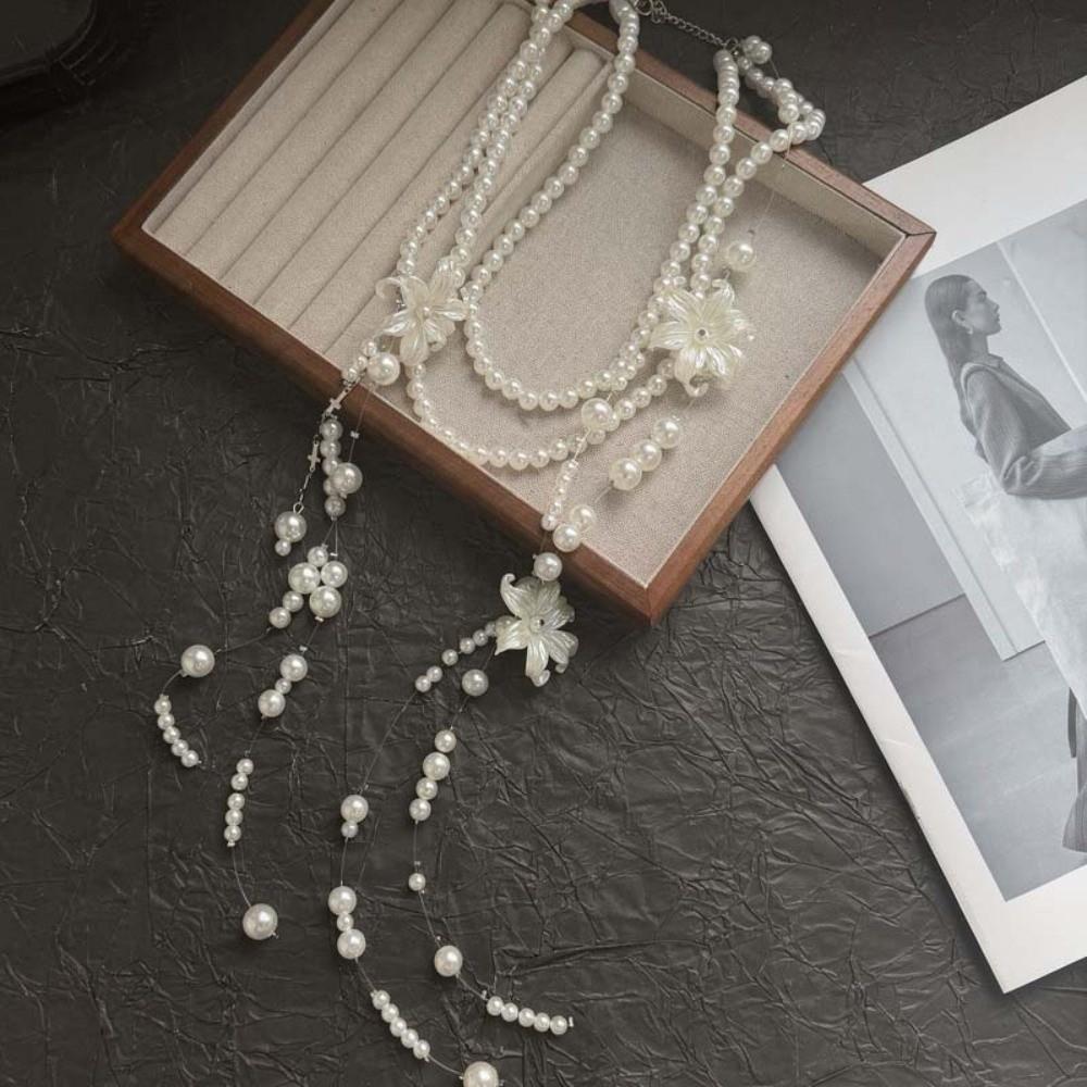 Faux Pearl Lilium Flower Pearl Necklace Multi Layer Stacked Flower Choker Vacation Look