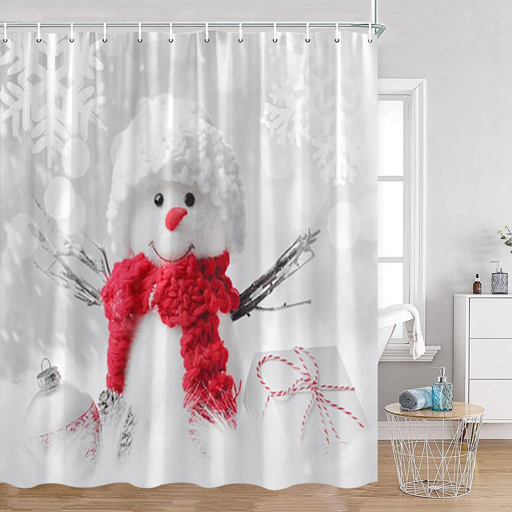Christmas Snowman Happy New Year Shower Curtain Merry Christmas Winter Snowy Snowflake Pine Bathtub Decor Polyester Bath Curtain