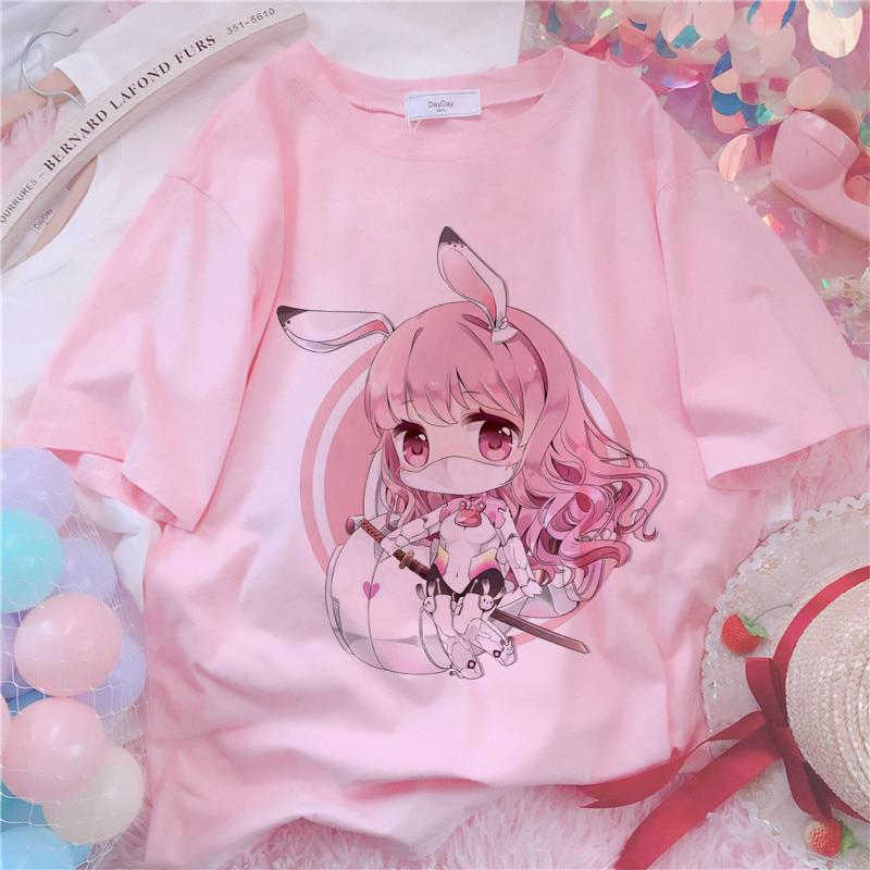 Anime Kawaii Print T-shirt Women Harajuku Aesthetic Pink Tops Emo Tshirt 2021 New Summer Korea Fashion Y2k Casual Female T Shirt