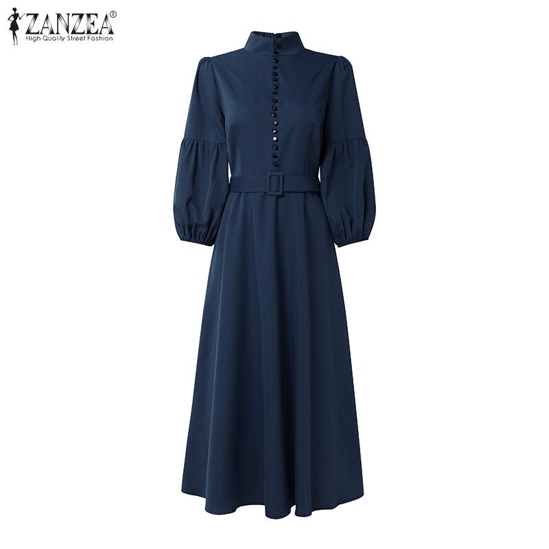 ZANZEA Damenmode Stehkragen 3/4-Ärmel Elegant Lässig A-Linien-Kleid