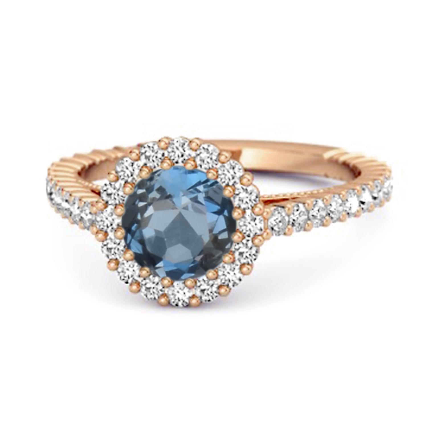 London Blue Topaz Halo Pave Engagement Ring - 925 Sterling Silver Rose Gold Vermeil 7.5