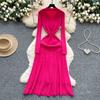 Autumn Winter Women Elegant Polo Collar Knitted Sweater Metal Button Long Maxi Split Pullover Dresses