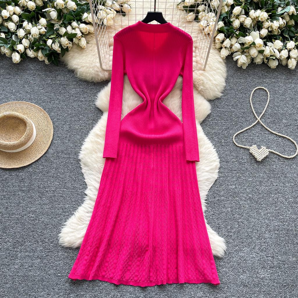 Autumn Winter Women Elegant Polo Collar Knitted Sweater Metal Button Long Maxi Split Pullover Dresses