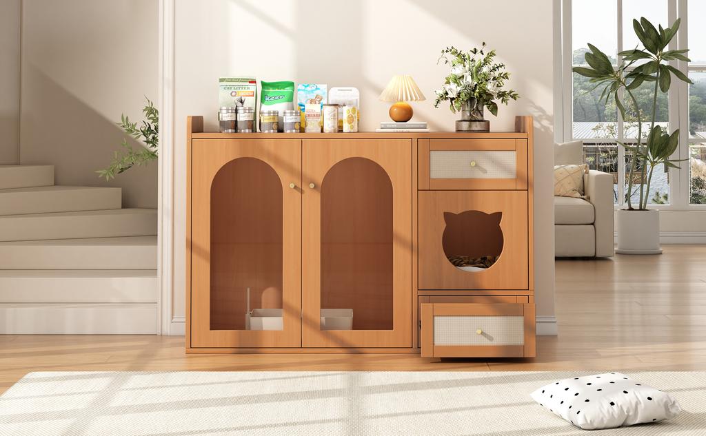 Cat House and Litter Box Cabinet with Feeding Bowls, Cat Rest Area, Storage Area (Litter Box and Cat Cushion Not Included), Walnut Color, 120x45x83 Cm