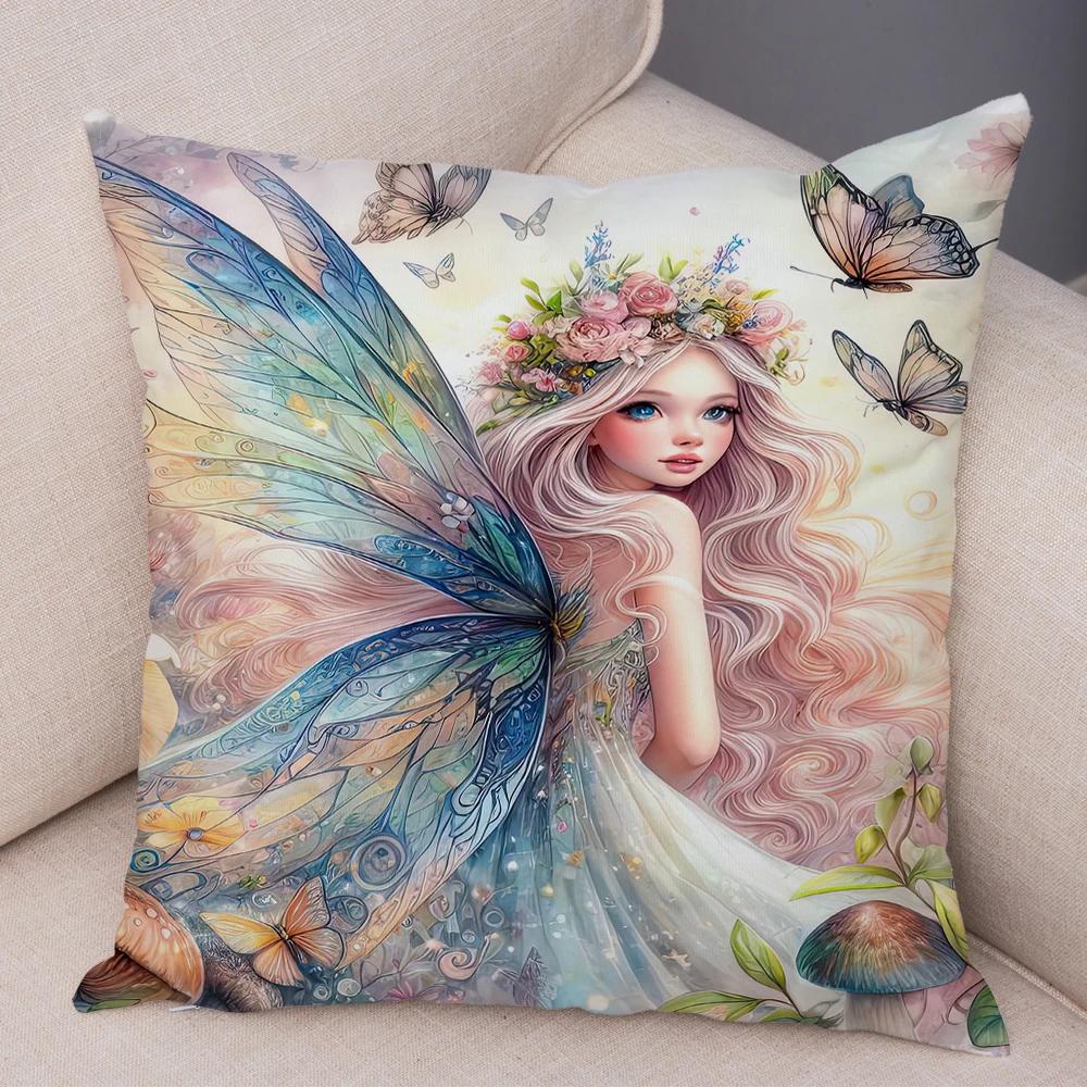 Niedlicher Cartoon Waldmädchen Elfen Kissenbezug Doppelseitig bedruckter Kissenbezug Deko für Sofa Zuhause Superweicher Plüsch Kissenbezug 40x40cm