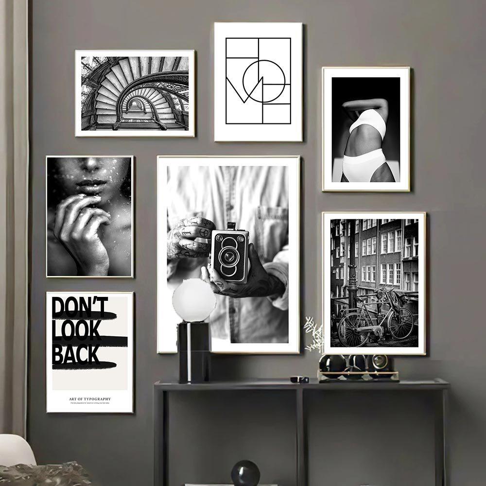 Black and White Wall Pictures Sexy Woman Canvas Poster Abstract Line Vintage Bike Art Painting Nordic Posters Living Room Decor