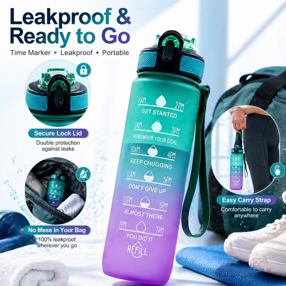1000ml Plastic Water Bottle with Time Marker, Leakproof Gradient Sports Bottle for Women Men, Gym Yoga Hiking Office