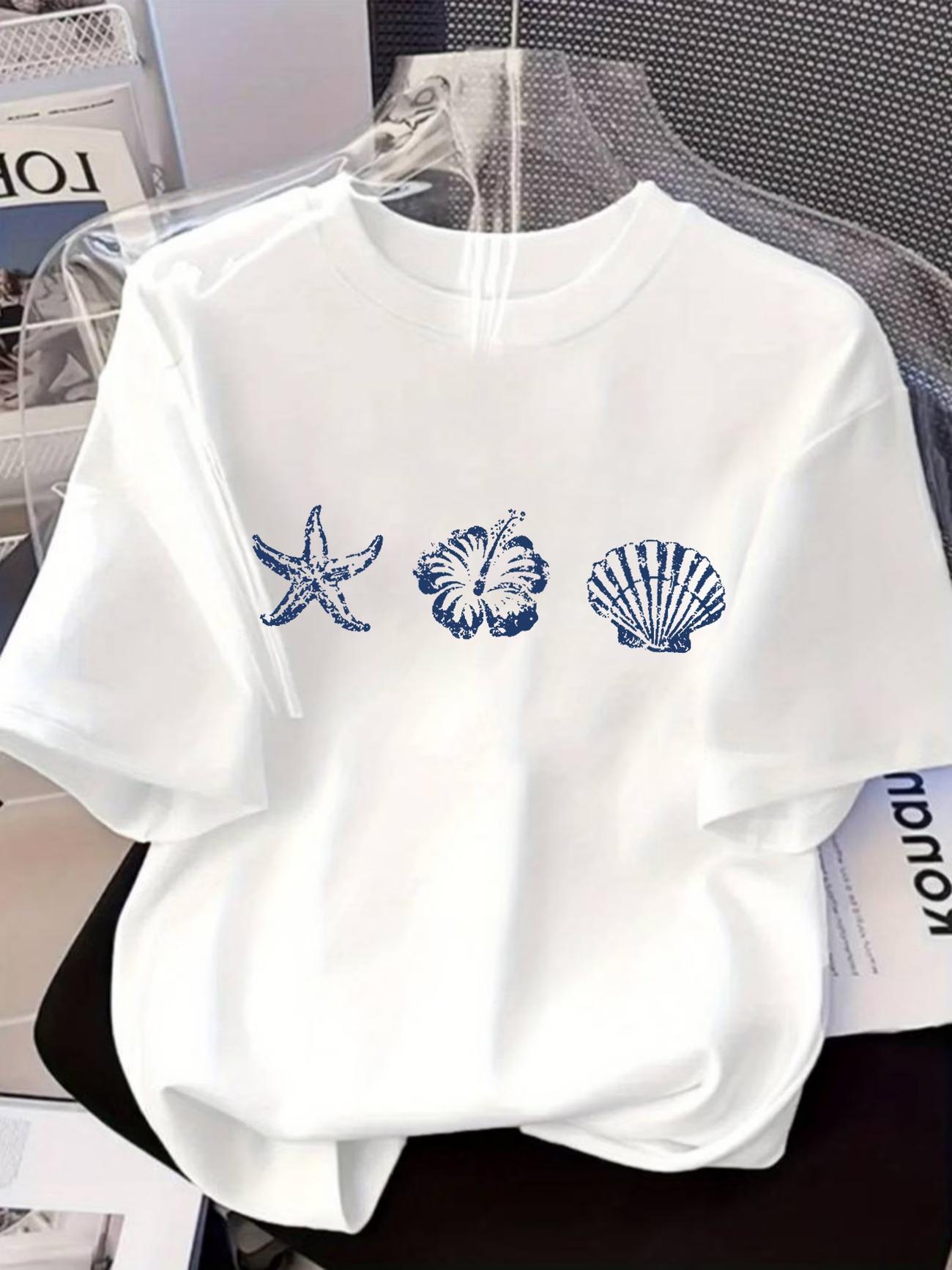 Starfish Shell Graphic T-Shirt Ocean Beach Style Hibiscus Flower Print Tee Summer Harajuku Casual White Tops Women S белый