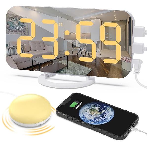 Extra Loud Vibrating Alarm Clock, Digital Alarm Clock with Bed Shaker, Large Display, USB Charger, Wake Up Light, Digital Loud Electronic Clock for