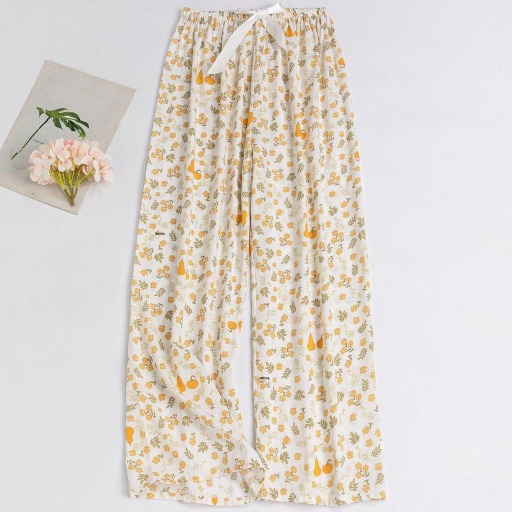 Women's Floral Cotton Silk Pajama Pants, Mosquito Repellent, Outdoor & Home Wear, Plus Size, Lightweight Summer Style.