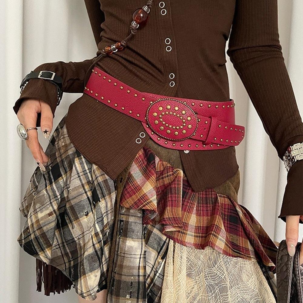Y2k Women's Waist Belt Gothic Dress Jeans Belt Fashionable Rivet Leather Belt  Streetwear