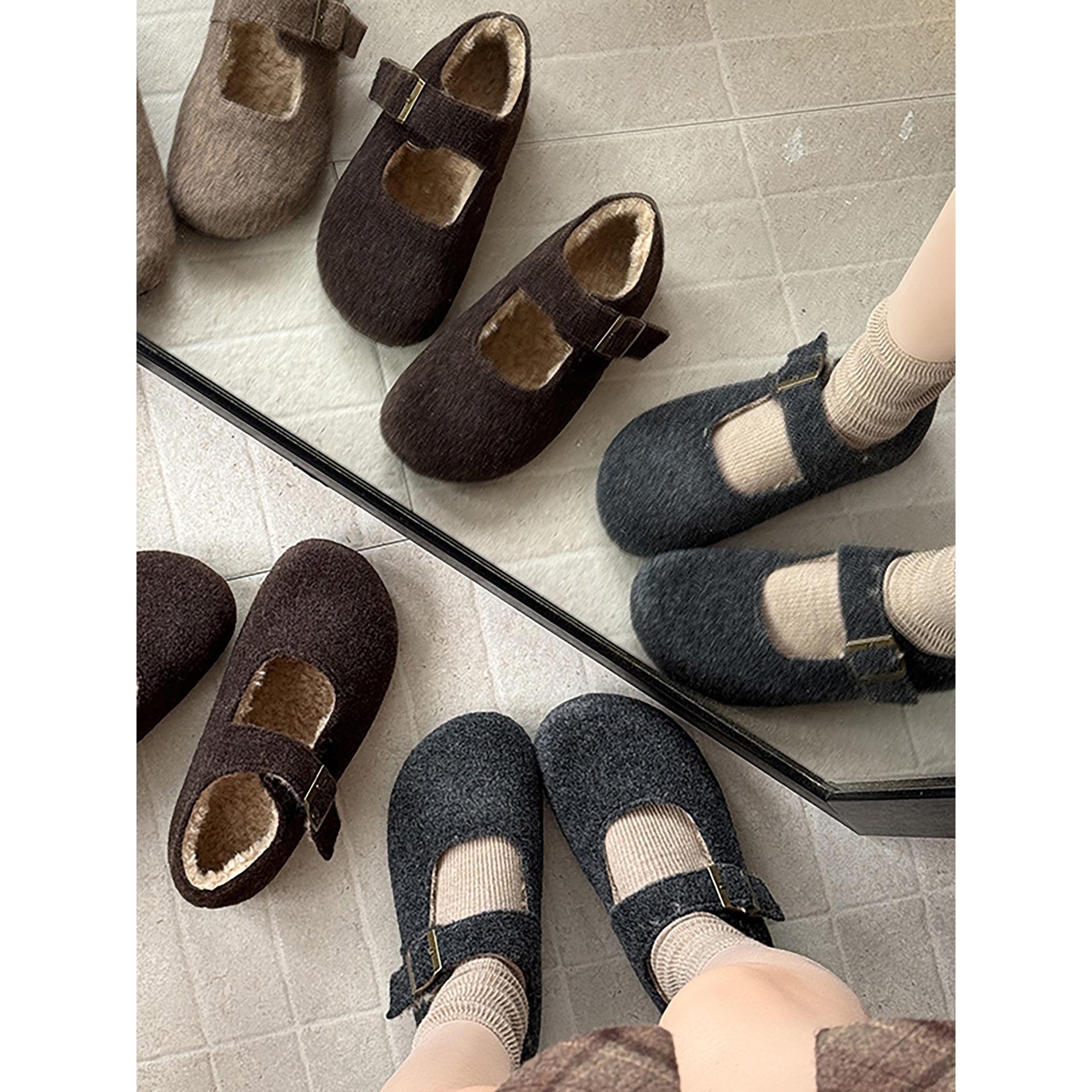 

Retro gray French platform fluffy shoes outer wear 2025 winter warm and velvet outer wear Mary Jane shoes 40 хакі