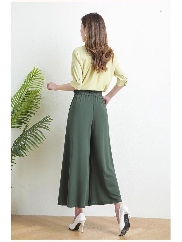 Mom's Summer Plus Size Ice Silk Wide Leg Skirt Pants - Elastic Waist Nine-Point Casual Pants for Women