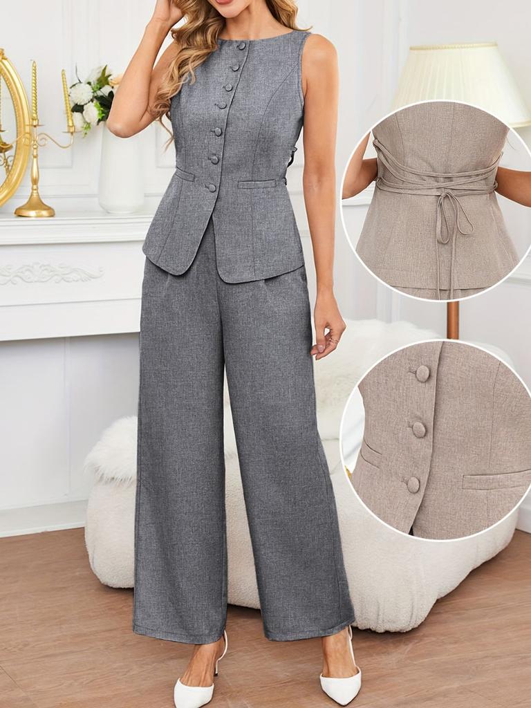 Summer Thin Breathable Women's Two-Piece Outfit - Sleeveless Top with Tie Waist French Wide Leg Pants Fashion Set