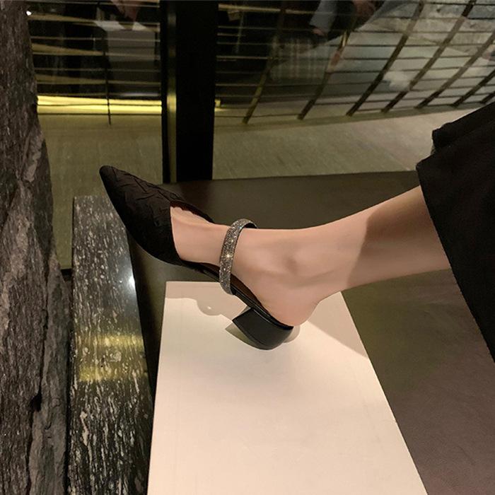 

Sheepskin French retro thick heel bag head sandals women s new rhinestone pointed back empty Mary Jane single shoes women s cool slippers 34