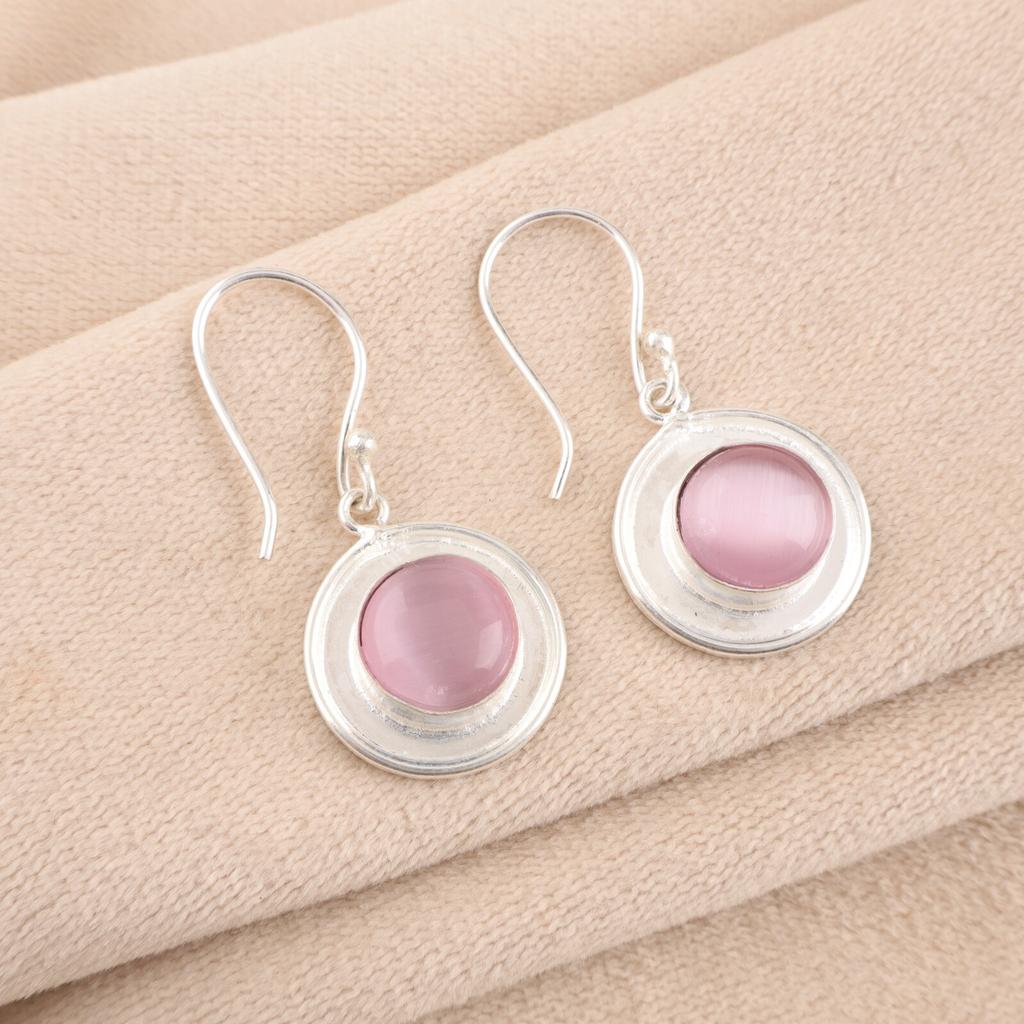 Round Pink Cat's Eye 925 Stamped Silver Gemstone Jewelry Handmade Earrings 1.40" EE-4-49